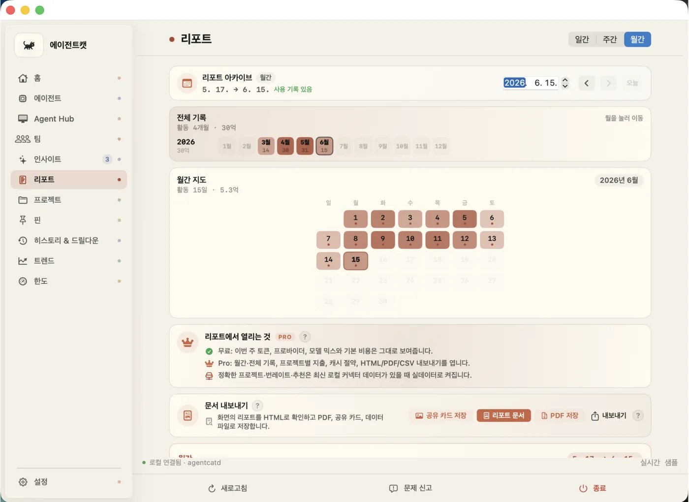 월간 리포트 화면. 날짜별 사용량이 달력 칸의 진하기로 표시된다.