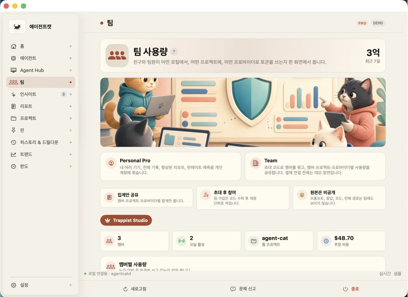 팀 사용량 화면.